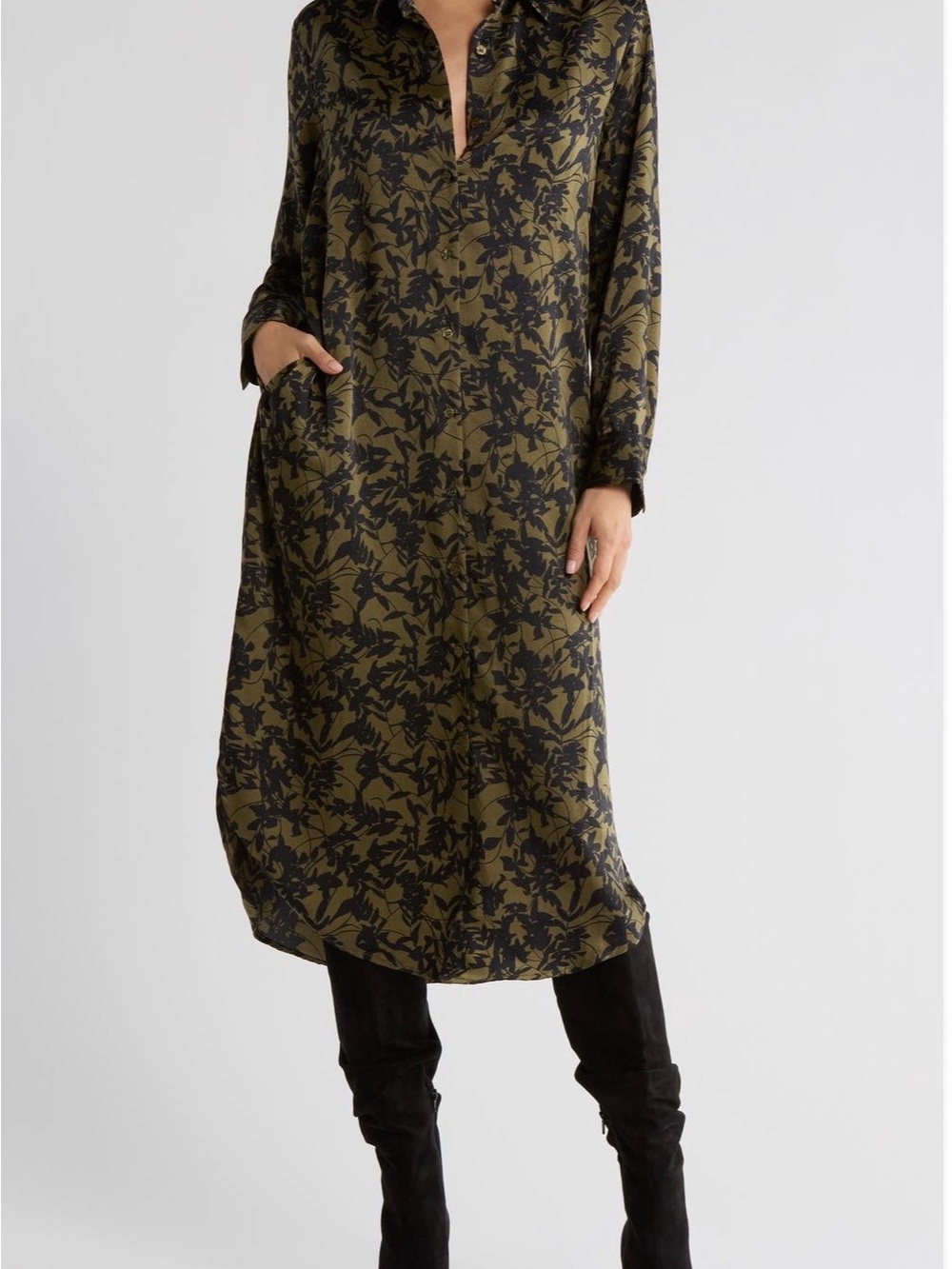 Olive Green Floral Long-Sleeve Shirt Dress